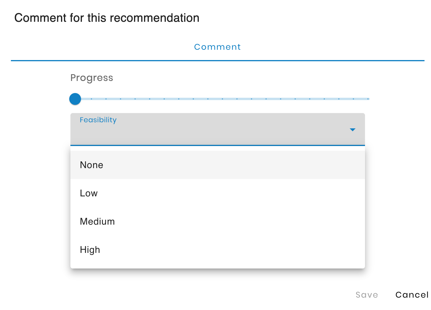 MoI comment pop-up with progress slider and feasibility drop-down
